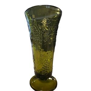 Vintage Indiana Glass Tall Footed Vase Harvest Grape pattern in Colony Green 8”